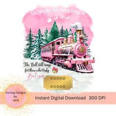 the pink train is going down the tracks with christmas trees and snow on it's side