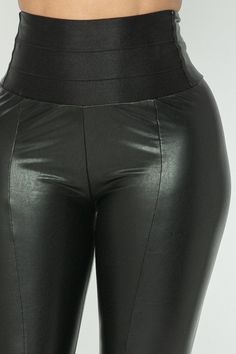 Women's Black Faux Leather Wide Waist Band Pants. 55% Polyester 45% PU Leather Black High Waist Polyurethane Bottoms, Stretch Faux Leather Pants For Club, Black Polyurethane High-waisted Bottoms, Solid Color Faux Leather Bottoms For Night Out, Faux Leather Bottoms For Night Out, Sleek Black Faux Leather Bottoms, Sleek Black Polyurethane Bottoms, Faux Leather Pants For Party, Faux Leather Pants For Club In Fall