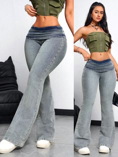 Women's Casual Fashionable Flared Jeans With Waist Pleats Blue    Denim Colorblock,Plain Flare Leg Medium Stretch  Women Clothing, size features are:Bust: ,Length: ,Sleeve Length: Silly Clothes, Manga Clothes, High Fashion Outfits, Trendy Outfits For Teens, Women Denim Jeans, Really Cute Outfits, Cute Simple Outfits, Flared Jeans, Girly Outfits