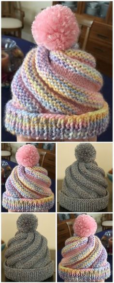 four pictures of different hats with pom - poms on the top and bottom