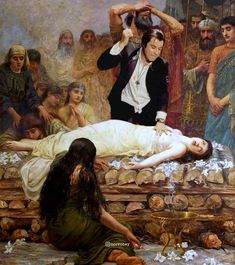 a painting of a woman laying on the ground next to a man