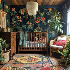 a baby's room decorated with tropical wallpaper and rugs, including a crib