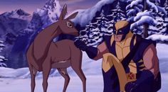 wolverine and deer in the animated version of'x - men,'which is being watched by two people