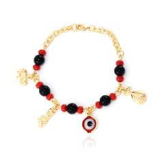 This Beautiful and Powerful 14k Gold filled Baby Charm Bracelet with Red and Black beads, a Turkish Evil Eye, an Elephant, a Figa fist and a Money bag, all amulets to protect you kid from all evil energies of people around you and to bring peace, good luck and fortune in the new path of life of your children Baby Charm Bracelet, Charm Bracelets For Girls, Elephant Charm Bracelet, Lucky Charm Bracelet, Greek Evil Eye, Baby Red, Evil Eye Protection, Moms Bracelet, Kids Bracelets