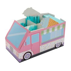 an ice cream truck shaped box with paper in the front and sides, on white background