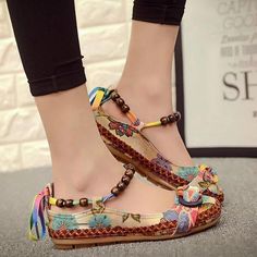 Women's Summer Ethnic Style Lacing Loafers | ZORKET | ZORKET Bohemian Slip-on Sandals For Spring, Brown Lace-up Flats For Spring, Vintage Brown Summer Flats, Bohemian Spring Flats With Round Toe, Spring Bohemian Flats With Round Toe, Bohemian Round Toe Flats For Spring, Casual Beige Flats With Ankle Strap, Beige Bohemian Sandals With Round Toe, Bohemian Beige Sandals With Round Toe