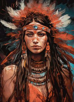 Native American Chief Tattoo, Chief Tattoo, Native American Feathers, Native American Paintings, Native American Chief, Feather Headpiece, Red Indian, American Painting, Native American Culture