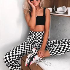 Checker Pants, Biker Shorts Outfit, Pant Women, Jogger Pants Casual, Casual Joggers, Polyester Pants, Black And White Plaid, Joggers Womens