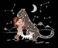 a drawing of a girl hugging a horse with stars and moon in the sky behind her