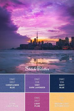 the color scheme for this photo shows different shades of purple, yellow and blue with city lights in the background