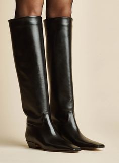 The Marfa Knee-High Boot in Black Leather– KHAITE Knee High Boot Outfits Winter, Boots With Low Heel, Square Toed Boots, Fw 2024, 2023 Mood, Knee High Boots Flat, 2024 Wishlist, Luxury Boots, Low Heel Boots