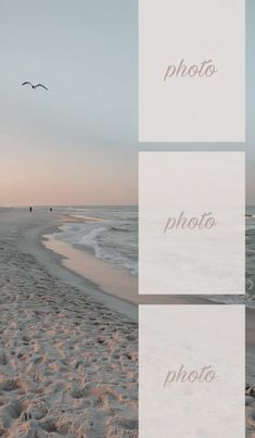 the beach is covered in white sand and birds flying over it