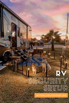 the rv security setup is set up with chairs and tables for dogs to sit in