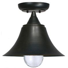 an outdoor hanging light with a black shade