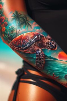 a woman's arm with a turtle tattoo on it