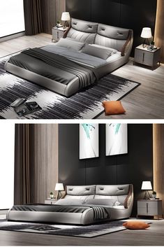 two pictures of a modern bedroom with black and white decor