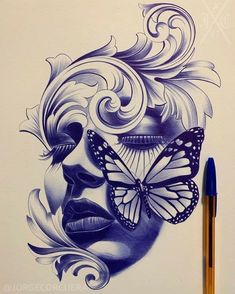 a drawing of a woman's face with a butterfly on it