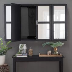 a black cabinet sitting next to a potted plant