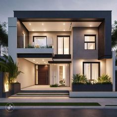 a modern house with lots of windows and plants in the front yard at night time