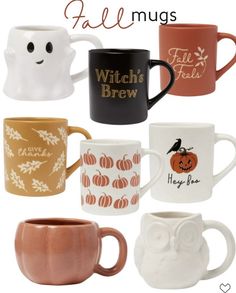 coffee mugs with different designs on them and the words fall mugs written below