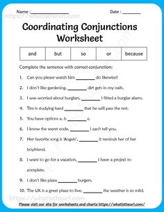 worksheet for conjunctions with words and pictures