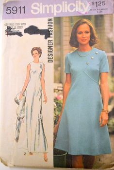 Simplicity 5911 Misses'  dress in size 6 MP and 8 MP, bust 30.5 and 31.5 inches, from 1973. " Dress in Two Lengths...Designer Fashion: The dress V. 1 and 2 with front seam interest and button trim has back zipper closing, high round neckline and skirt stitched to bodice above normal waistline. Short dress V. 1 has short set-in sleeves and top stitching. Long dress V. 2 is sleeveless."Simplicity 59111973Size 6- 8 Miss PetiteBust 30.5 - 31.5 inchesThis pattern is cut but complete.   It is in very Short Dress Patterns, 70s Sewing Patterns, Simplicity Patterns Dresses, Mode Retro, Vintage Dress Patterns, Look Retro, 1970s Dresses, Evening Dress Fashion, Simplicity Sewing