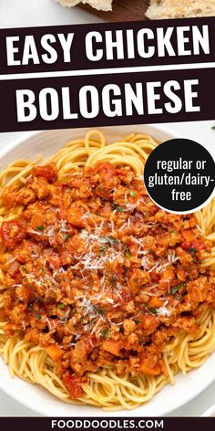 an easy chicken bolognesee recipe in a white bowl