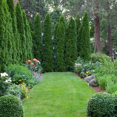 a lush green lawn surrounded by trees and flowers