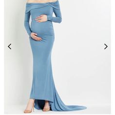 Great For Gender Reveal, Baby Shower, Or Maternity Photos! Blue Maternity Maxi Dress, Blue Maxi Maternity Dress For Party, Blue Maxi Length Maternity Dress, Blue Long Sleeve Maternity Dress For Party, Elegant Blue Maxi Maternity Dress, Fitted Blue Maternity Maxi Dress, Light Blue Fitted Maternity Maxi Dress, Fitted Blue Maxi Length Maternity Dress, Blue Fitted Maxi Maternity Dress