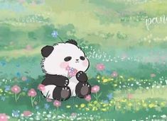 a panda bear sitting in the grass with flowers on it's back and its paws up