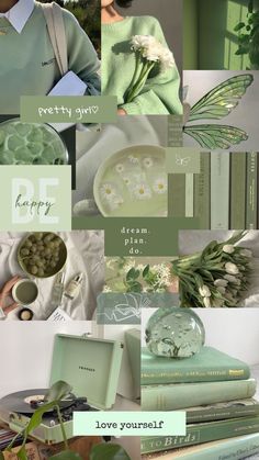 a collage of green and white items including flowers, books, vases and other things