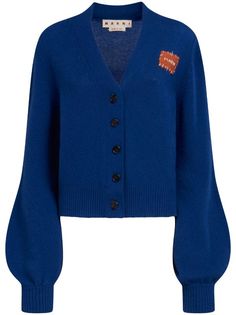 Marni logo-patch Cashmere Cardigan - Farfetch Blue Cashmere Outerwear With Ribbed Cuffs, Luxury Blue Sweater For Workwear, Luxury Blue Sweater For Work, Blue Cashmere Cardigan For Fall, Designer Blue Sweater For Fall, Blue Luxury Long Sleeve Cardigan, Luxury Blue Long Sleeve Cardigan, Luxury Long Sleeve Blue Cardigan, Designer Fall Cardigan With Ribbed Cuffs