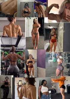 a collage of photos showing women in bikinis and panties, with the same woman's back