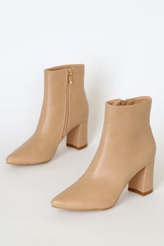 Chic Nude Boots - Pointed-Toe Boots - Vegan Leather Ankle Boots - Lulus Classic Black Boots, Beige Ankle Boots, Trendy Block Heels, Nude Boots, Chic Boots, Womens Black Booties, Mid Heels Pumps, Pointed Toe Boots, Elegantes Outfit