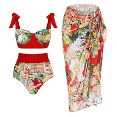 DETAILS Bikini swimsuit and sarong/skirt Sarong length is 96cm Comes with internal bust padding Quick drying with sheen Cold gentle machine wash Print placement may vary Bowknot Tie-shoulder Sarong is made of chiffon Elastane/Spandex Product ID:YS220418008 Retro Swimwear, Red One Piece, Pool Day, Swimwear Sets, Print Swimwear, Swimsuit Set, Print Swimsuit, Summer Skirts, Beach Vibes