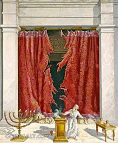 a painting of a woman standing in front of a red curtain with two menorah candles