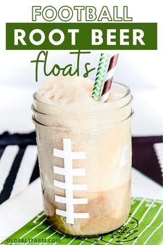 a football themed drink in a mason jar with straws and paper straws on top