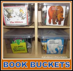 three plastic bins filled with books on top of a book shelf next to each other