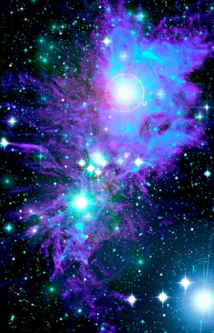 an image of a star cluster in the sky with many stars around it and one light blue