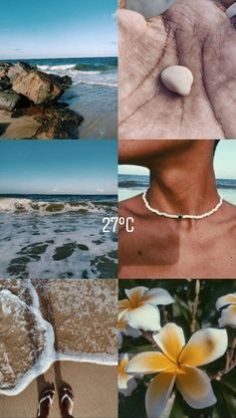 four different pictures with flowers and rocks on the beach, one has a pearl necklace