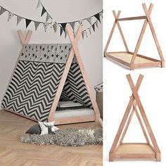 a teepee tent is shown in three different angles