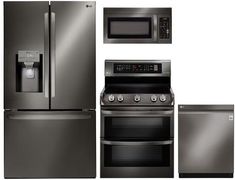 an assortment of kitchen appliances including refrigerator, stove and microwave