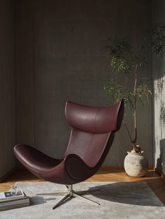 a living room with a chair and a potted plant