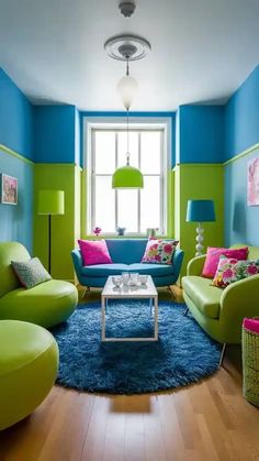 a living room with blue and green walls