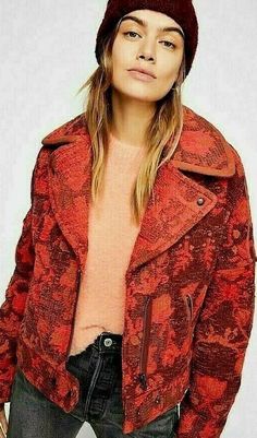 Free People Mosaic Boxy Moto Coat Jacket Dragonstone Red Jacquard Bomber. Measurements Size Medium Bust 46" Length 23.5" Sleeve Length From Cuff To Collar 30" Statement Jacket, People Clothes, Free People Jacket, Street Style Outfit, Elegant Outfit, Moto Jacket, Womens Fashion Trends, Pullover Sweaters, Trendy Outfits