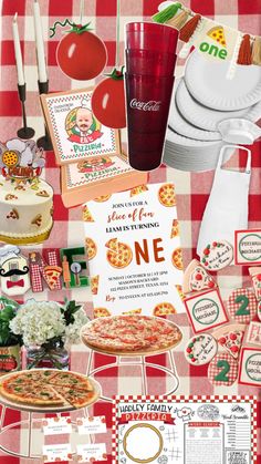 a pizza themed birthday party with red and white checkered tablecloth