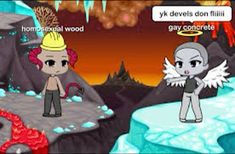 two cartoon characters are standing in front of an ice cave with fire coming out of it