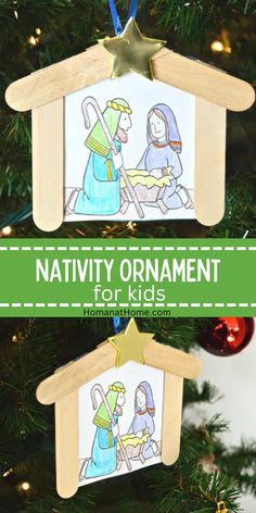 nativity ornament for kids hanging on a christmas tree with text overlay