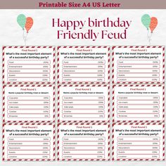 printable birthday party game for friends with balloons and candy canes on the table