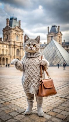 a cat dressed in a sweater and holding a handbag standing on its hind legs